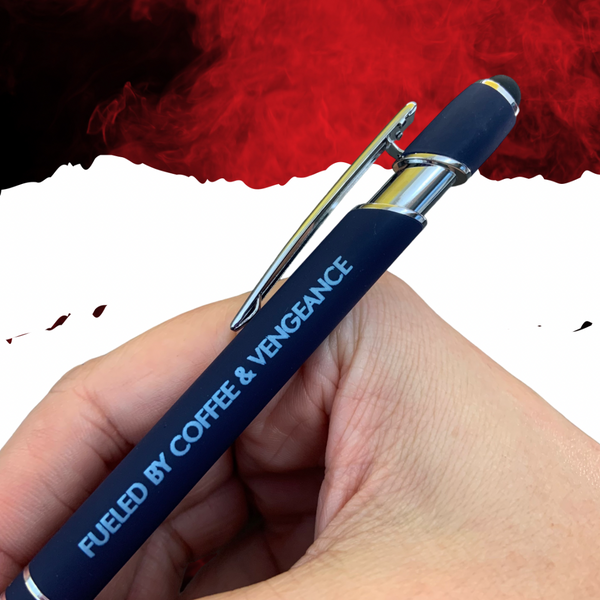 fueled by coffee & vengeance pen stylus in black with black ink