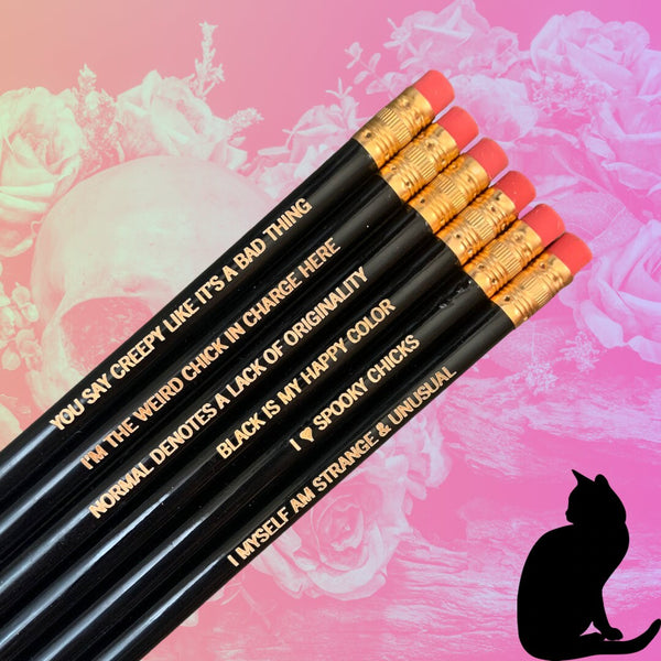 she’s a haunted house pencil set, black pencil set of 6